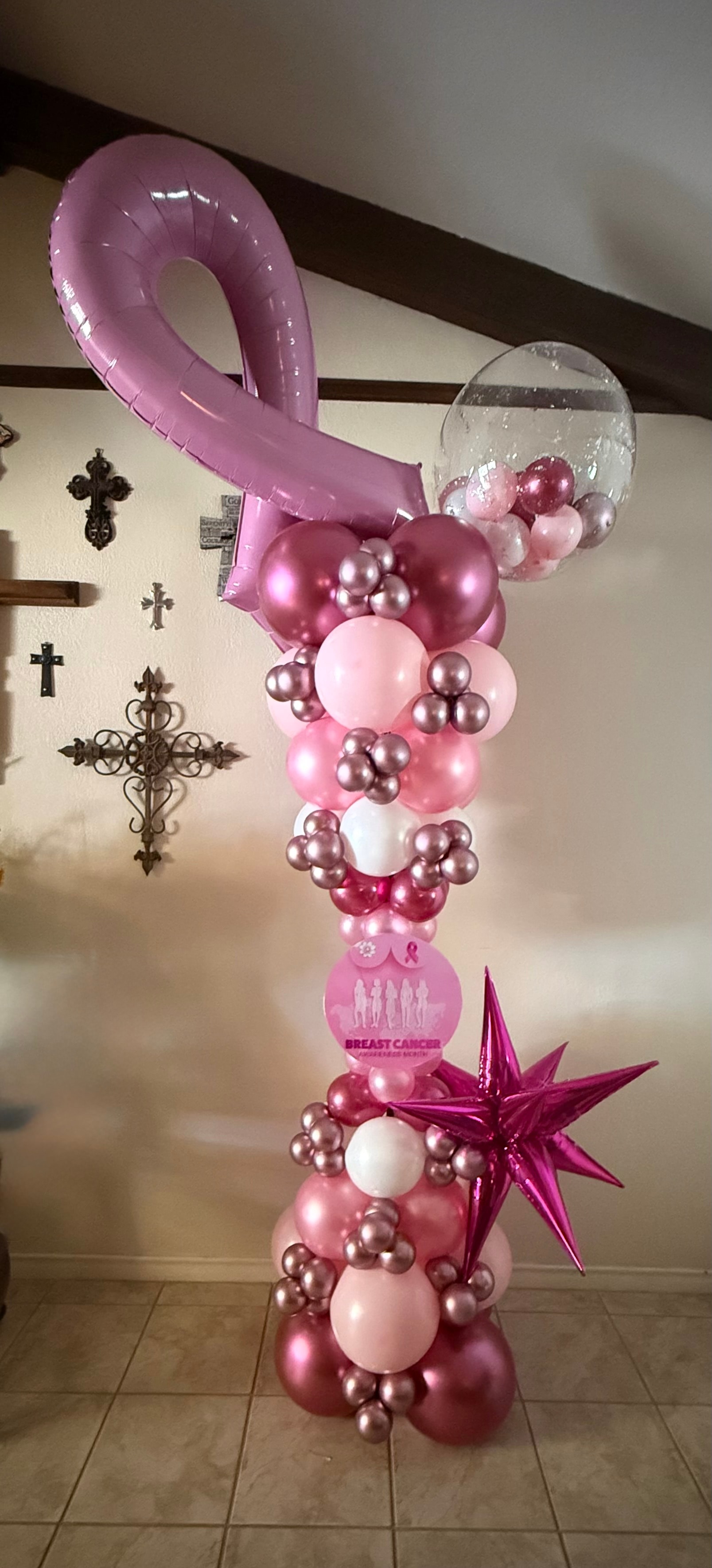 Pink balloon tower breast cancer awareness